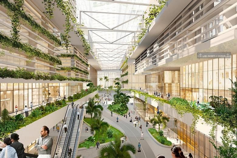 Multi-level connections (right) will make transfers between developments and transport nodes seamless for commuters in the Jurong Lake District. There will also be waterfront space for social activities, recreation and retail (below).