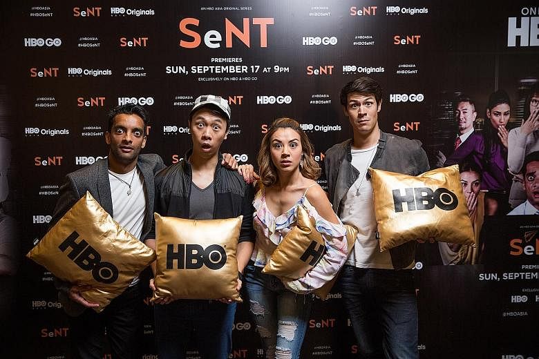 Alaric Tay (second from left) is director and producer of Sent, which features (from left) Haresh Tilani, Carla Dunareanu and Alan Wong.