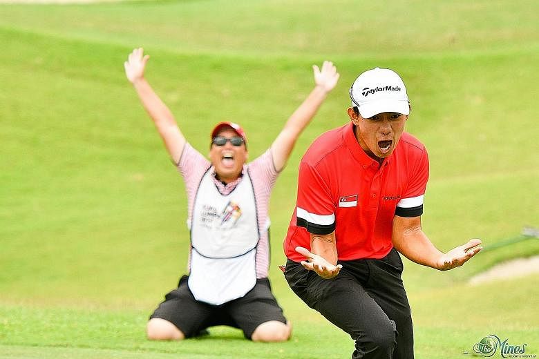 Marc Ong and his caddie celebrating after Singapore won the sudden- death play-off in the team event against Thailand.