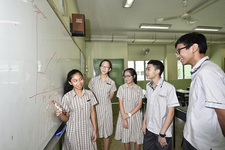 Compassvale students (from left) Adinda Fitri Falinka, Nicole Tan, Alethea Toh Shu Min, Shawn Ee Zhong Wei and Maung Soe Htail Aung at a brainstorming session. Using a sensor device, they examined how study is affected by physical factors such as hea