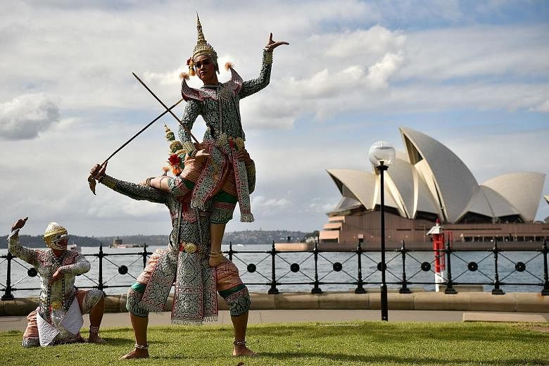 A troupe of 56 Thai Khon mask dancers performed at the Sydney Opera House last night, two years after gaining international fame at London's Royal Albert Hall. The show is part of a one-week cultural trip organised by the Thai ministries of Culture, 