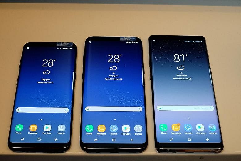 The Galaxy Note8 (right) comes with the latest high-end specs as befitting a 2017 flagship. It is the most expensive Samsung smartphone to date, compared with the S8 (left) and S8+ (centre) released earlier this year.