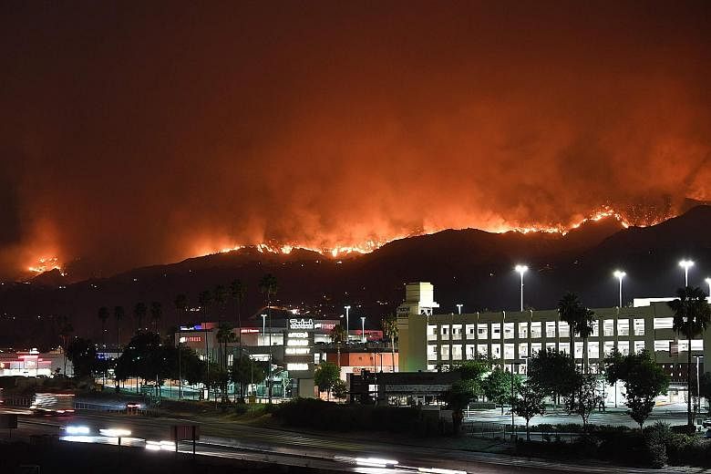 The La Tuna Canyon fire burning in the hills above the city of Burbank, California, early yesterday. The raging bush fire, which quickly burned through an area of about 800ha, started on Friday and was being driven by heat wave temperatures and high 