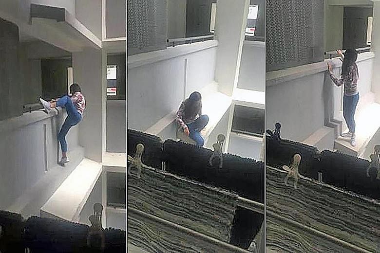 The 21-year-old woman was captured on video climbing over a parapet and crouching on the ledge on the third floor of Block 336B, Anchorvale Crescent. She was reportedly trying to climb into a second-floor unit where her former boyfriend was living.