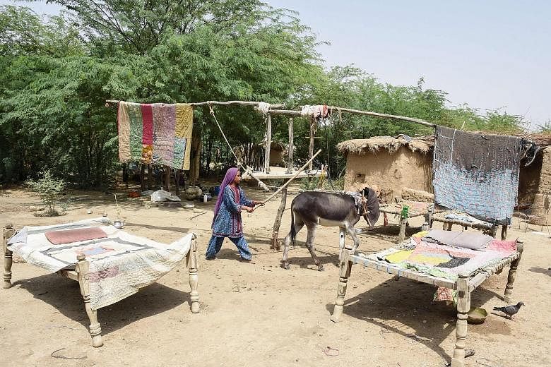 A Pakistani girl in Sibi walking a donkey around a structure rigged with hanging quilts designed to work as a fan. Pakistan is among the countries most vulnerable to climate change, scientists say.