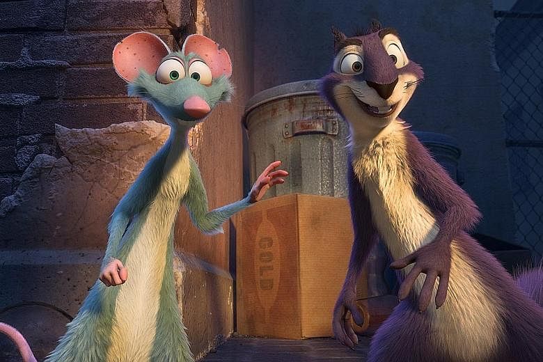 Buddy (far left, voiced by Tom Kenny) and Surly (voiced by Will Arnett) in The Nut Job 2: Nutty By Nature.