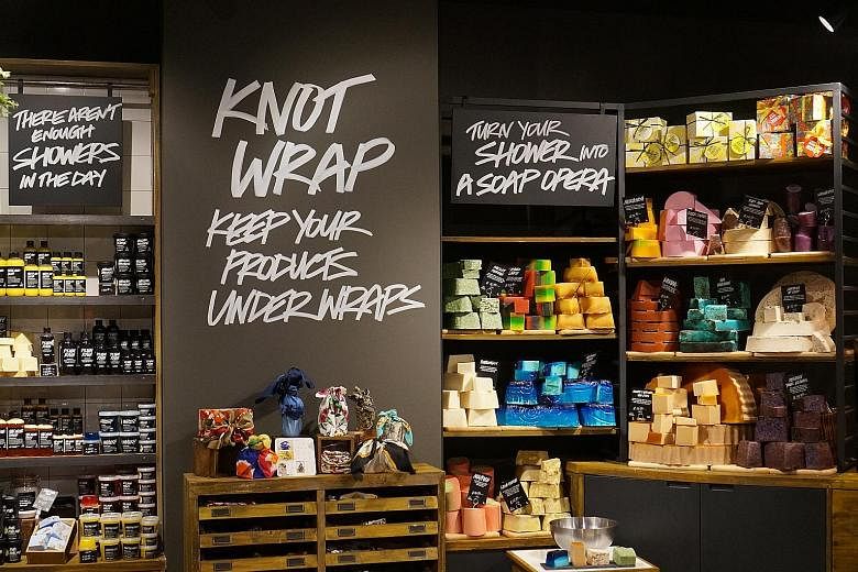 Lush, co-founded by Ms Rowena Bird (above), has opened its fifth store in Singapore (left), which sells exclusive products like the brand's Knot Wraps, wrapping fabric made from organic cotton or recycled plastic bottles.