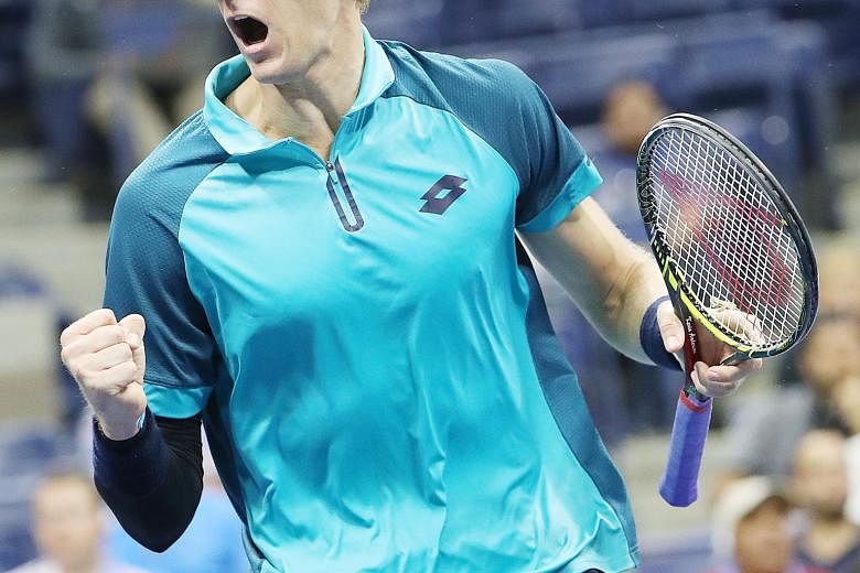 Kevin Anderson celebrates a point after beating Sam Querrey 7-6 (7-5), 6-7 (9-11), 6-3, 7-6 (9-7). In the match between two tall men who are big servers, Anderson had 22 aces to 20 by his opponent.