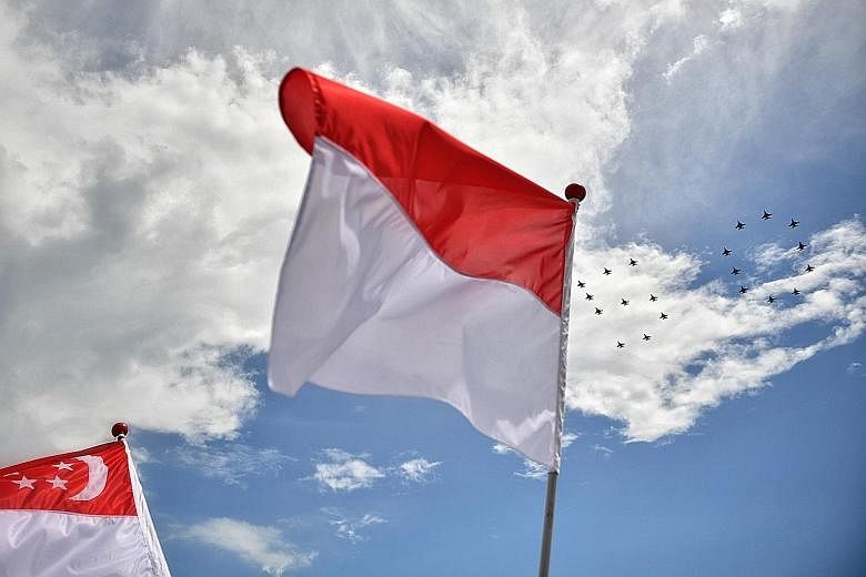 Fighter jets from the Singapore and Indonesia air forces in a joint fly-past yesterday to commemorate 50 years of diplomatic ties between the two nations. The combined fly-past was the largest and most complex one that the Republic of Singapore Air F