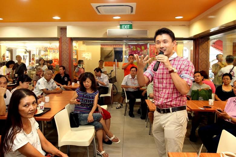 Tampines GRC MP Baey Yam Keng at his inaugural KopiTalk in 2011. He meets residents for coffee at the monthly local event where he discusses the latest policies with them. Online engagement does not replace offline engagement - the two are complement