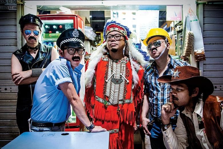 TypeWriter members (from far left) Robin Chua, Desmond Goh, Yee Chang Kang, Patrick Chng and Alan Bok wear costumes inspired by 1970s disco icons Village People for the Sorry, I Got Carried Away music video.
