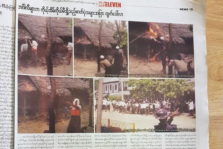 A photograph that appeared in local daily Eleven Media on Thursday showed a group of men - some wearing Muslim prayer caps - crouching near a straw-roofed house, watching it burn after they set it alight. A house engulfed by fire in Gawdu Tharya vill
