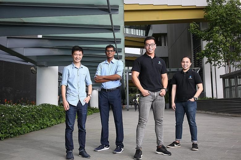 Participants of the new course, accredited by SUSS and run in partnership with Alibaba Cloud, include (from left) undergraduate Rayner Loi, 23, and Keshav Sivakumar, 18, the founders of start-up Good for Food; and Mr Clinton Li and Mr Mohamad Raihan 