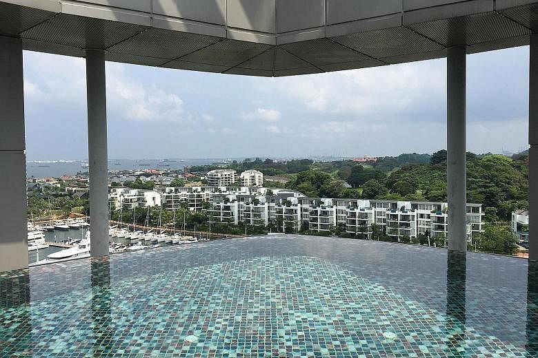 Clockwise from far left: The living room in former pastor Kong Hee's penthouse has a view of the One Degree 15 Marina Club, and an infinity pool; The Oceanfront @ Sentosa Cove where the penthouse is located.