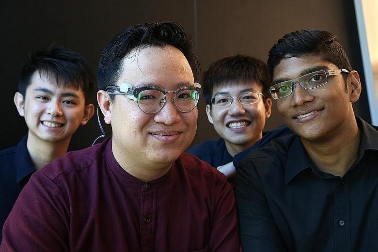 The James Dyson Award for Singapore this year goes to Peri, a device that represents sound in the form of visual cues for deaf people. Four of the seven members of the SUTD team behind the device are (from far left) Mr Daryl Yeo, 24, Mr Andrew Sng, 2