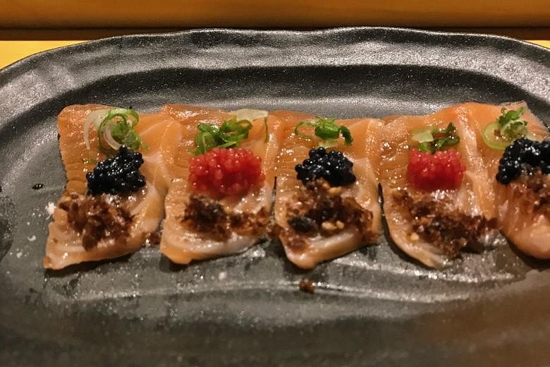 Salmon topped with herring roe. 