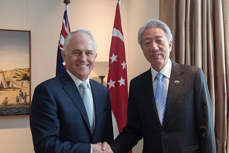 Deputy Prime Minister and Coordinating Minister for National Security Teo Chee Hean met Australian Prime Minister Malcolm Turnbull during a three-day visit to Canberra to strengthen ties with members of the Australian Cabinet and Shadow Cabinet, and 