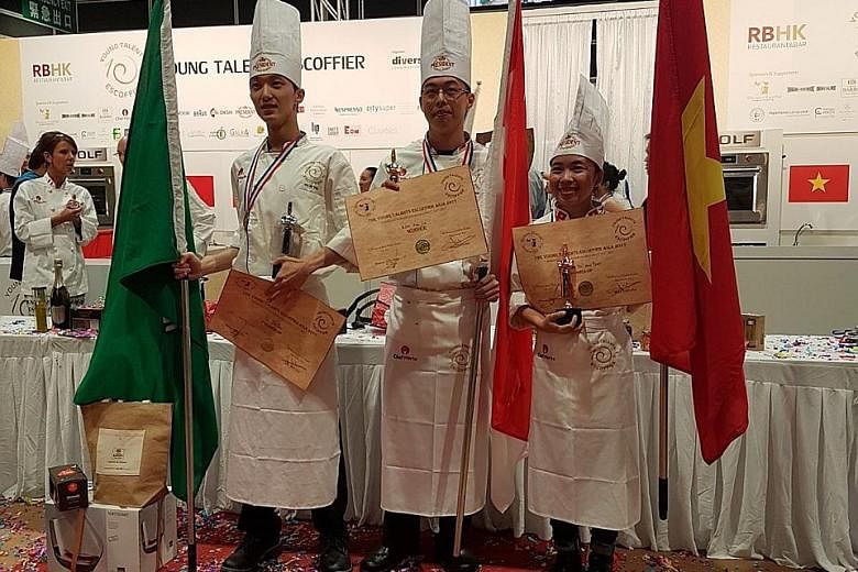 Singapore chef Koh Han Jie (above centre, with other winners) and his fish en croute (fish in pastry) platter (left).