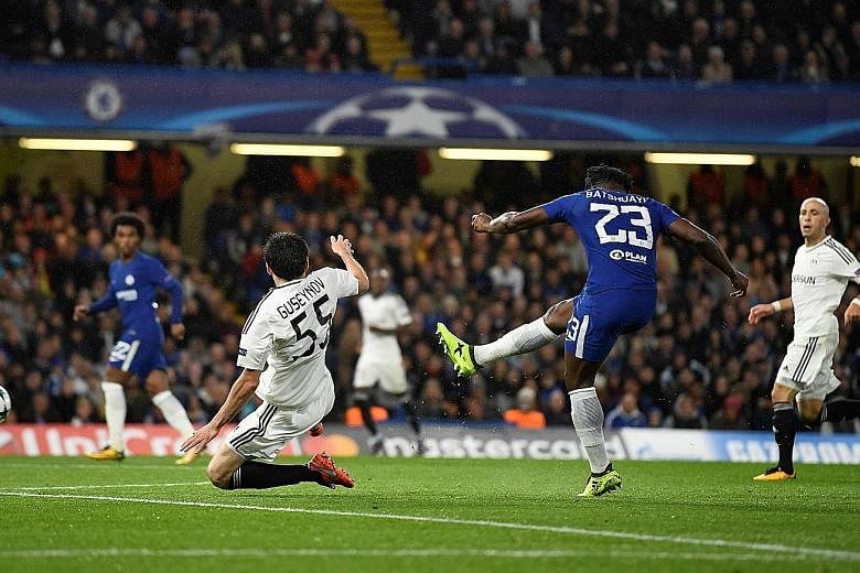 Chelsea striker Michy Batshuayi scoring their fifth goal during their 6-0 Champions League rout of Qarabag. Blues manager Antonio Conte was pleased that his second-string players got playing time and delivered the win.