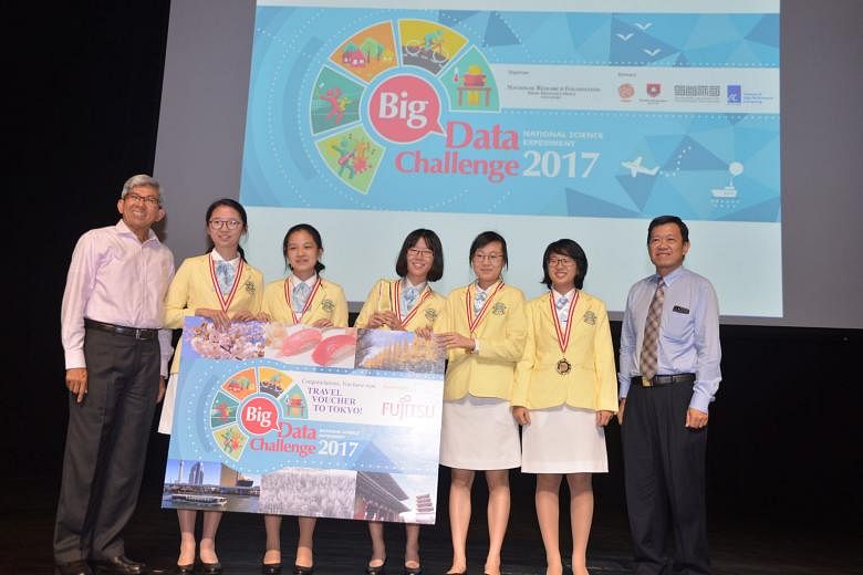 Minister for Communications and Information Yaacob Ibrahim and chief architect and head of Fujitsu Singapore's Internet of Things solution centre Cheng Jang Thye with the winning team in the secondary school category from Nanyang Girls' High School -