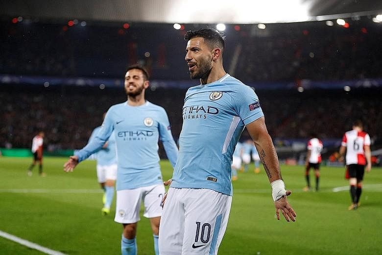 Sergio Aguero celebrating after scoring Manchester City's second goal in the 4-0 victory against Feyenoord in their Champions League Group F game in Rotterdam on Wednesday.