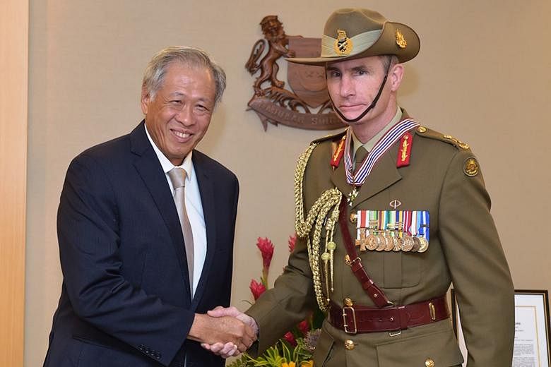 Australia's Chief of Army, Lieutenant- General Angus Campbell, was yesterday conferred the Pingat Jasa Gemilang (Tentera), or Meritorious Service Medal (Military). Defence Minister Ng Eng Hen presented Lt-Gen Campbell the award at the Ministry of Def