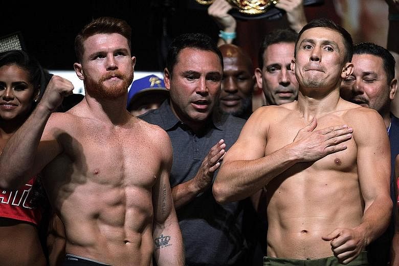 Canelo Alvarez (left) and Gennady Golovkin posing during their weigh-in at the MGM Grand Hotel & Casino in Las Vegas on Friday. Alvarez's only defeat came in 2013 against Floyd Mayweather.