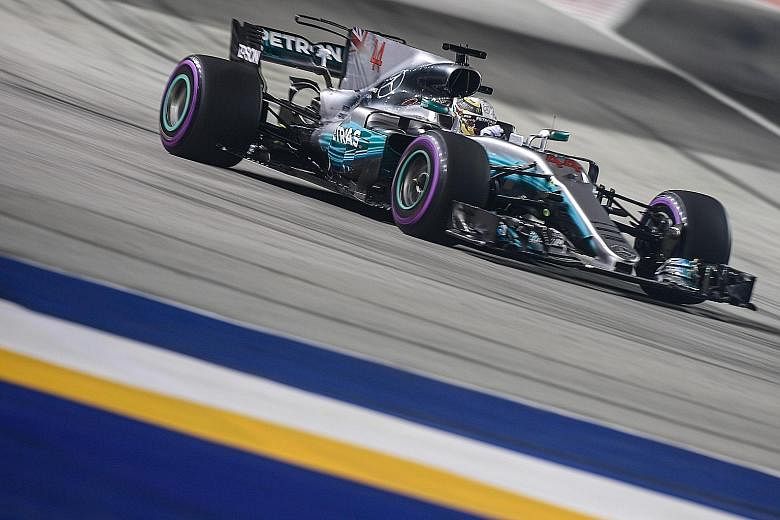 Mercedes' Lewis Hamilton negotiating Turn 1 during last night's qualifying. The championship leader could only put his Mercedes fifth on the grid and will focus on damage limitation today as he seeks to protect his slender lead in the drivers' standi