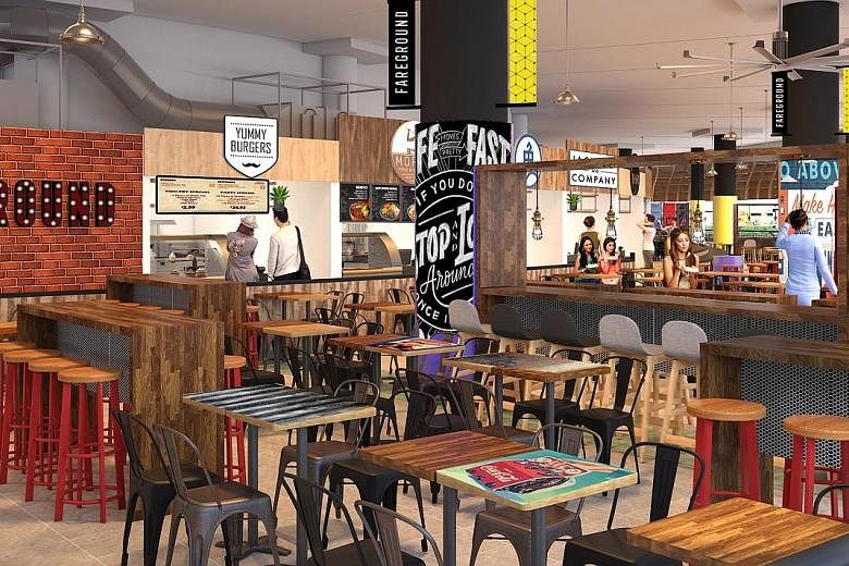 (Left) Artist's impression of Pasir Ris Central Hawker Centre, which will have a "hipster" area on the second floor for young hawkers. (Right) Bedok Marketplace has several "hipster" hawker stalls.