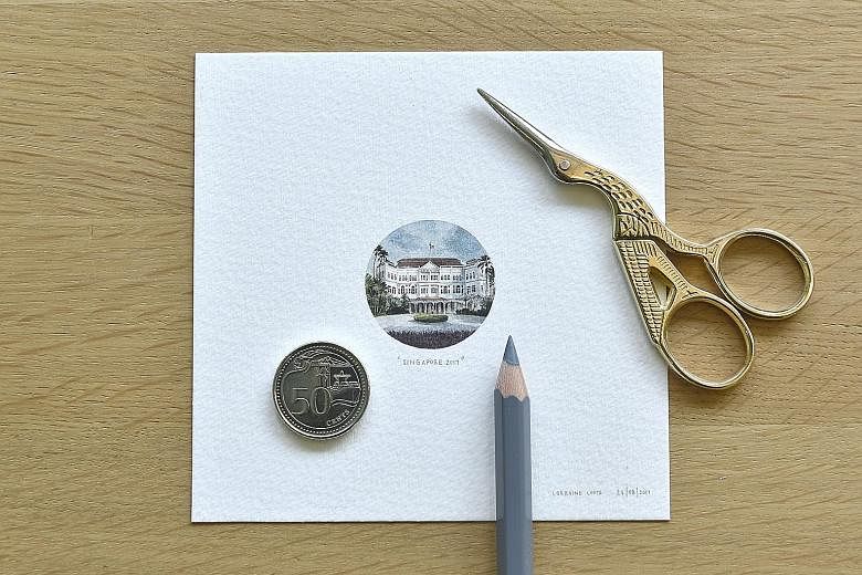 The works by Lorraine Loots on display in Singapore include one of the Raffles Hotel (above) that is slightly larger than the size of a 50-cent coin.