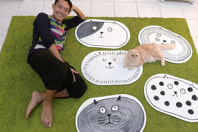 Left: Soh Ee Shaun's bath mats with cat faces are artworks for felines to interact with. Above: Artist Adeline Tan, aka Mighty Yellow, with her dog, which will be featured in her installation A Whole New World.