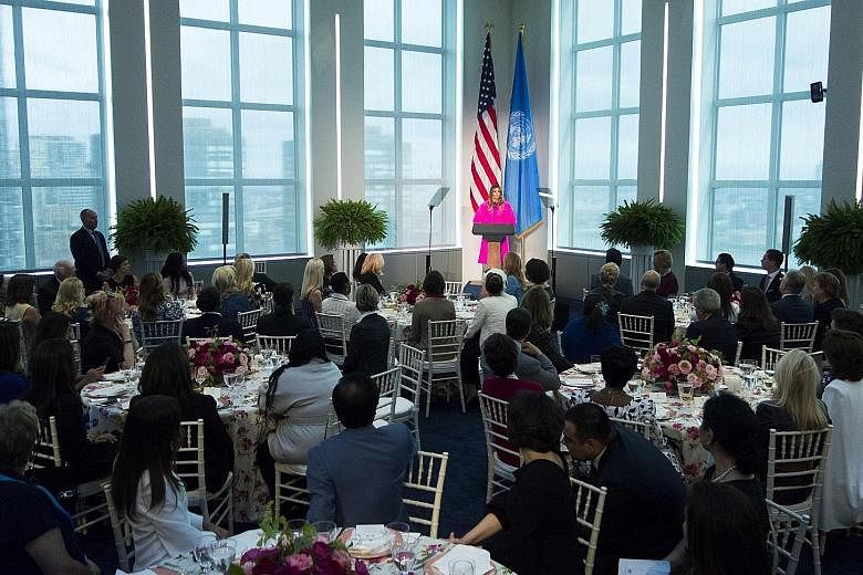 Far right: US First Lady Melania Trump speaking at a luncheon for spouses of world leaders at the US Mission to the UN in New York on Wednesday. Some social media users mocked her speech against bullying given that President Donald Trump himself has 