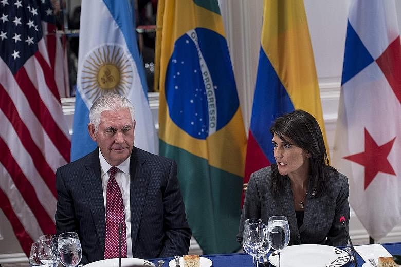 US Secretary of State Rex Tillerson listening as US Ambassador to the UN Nikki Haley spoke at a dinner with Latin American and US leaders during the United Nations General Assembly in New York last week.