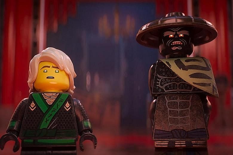 Garmadon (far right, voiced by Justin Theroux) tries to take over the island city of Ninjago, but is thwarted by a group of ninjas led by his son, Lloyd (voiced by Dave Franco).