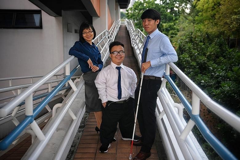 (From left) Ms Kristina Liu, Mr Lee Ci En and Mr Joshua Tseng received this year's Asia Pacific Breweries Foundation Scholarship for Persons with Disabilities. All three are enrolled in local universities, with Ms Liu doing a course in linguistics, M