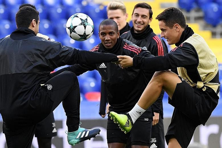 From left: Manchester United's Henrikh Mkhitaryan, Ashley Young, Matteo Darmian and Ander Herrera training in Moscow ahead of their Champions League Group A match against CSKA Moscow today. The Red Devils have never lost to their Russian opponents.
