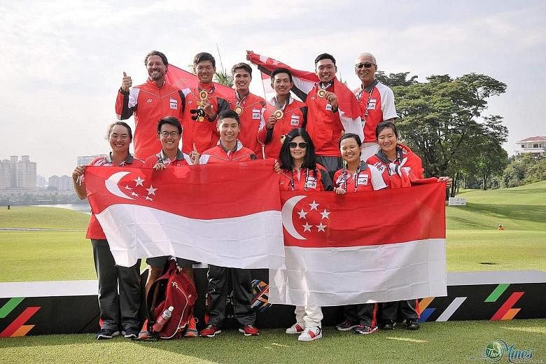 National golf coach Andrew Welsford (top left) and the Singapore team celebrating the men's historic performance at the Kuala Lumpur SEA Games.