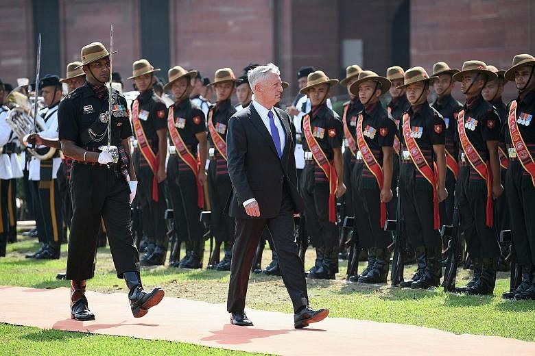 US Defence Secretary James Mattis inspecting an honour guard at the Indian Ministry of Defence prior to meeting his Indian counterpart Nirmala Sitharaman in New Delhi on Tuesday. He is the most senior Cabinet official from the Trump administration to