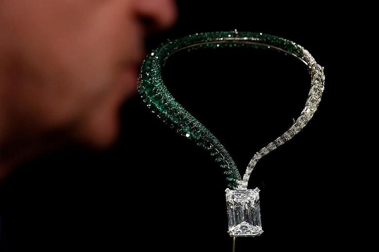 A 163.41-carat, D colour, flawless diamond dangles tantalisingly from a necklace at auction house Christie's in Hong Kong. The IIA-type white diamond is being presented by Swiss luxury jeweller de Grisogono ahead of the auction season in Geneva. "The