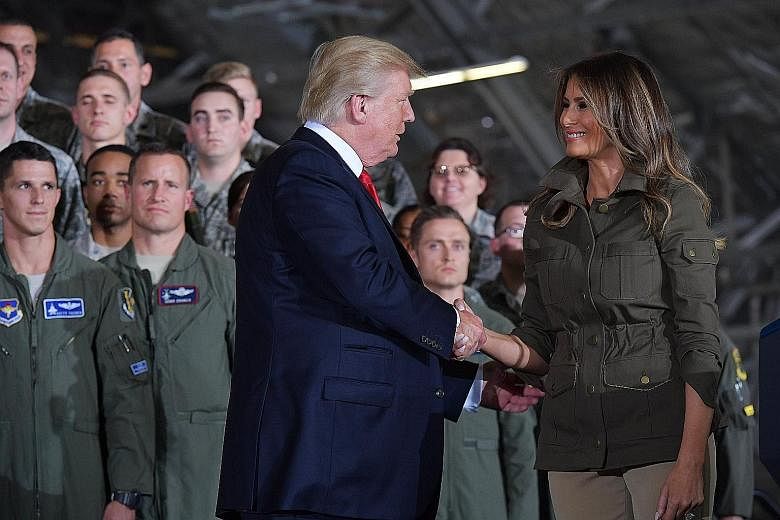 US President Donald Trump's handshake with his wife Melania, after she introduced him before his address to military personnel at Andrews Air Force Base in Maryland on Sept 15, prompted many to mock the couple's current relationship.