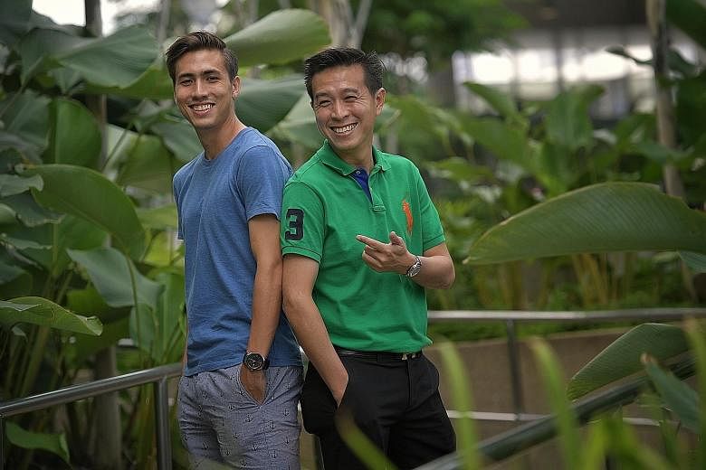 Anders Aplin (left), whose cousin is former national defender Tan Kim Leng (right). Unlike Tan, Aplin is a late bloomer.