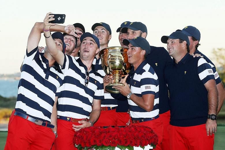 The US team celebrating with the Presidents Cup trophy after defeating the International team 19 to 11 at Liberty National Golf Club on Sunday. They have dominated the tournament since its 1994 inception, with 10 wins to just one for the Internationa