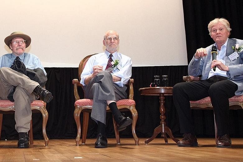 From left: Scientists Jeffrey Hall, Michael Rosbash and Michael Young in a 2013 photo taken in Hong Kong, where they were giving a lecture. The three American-born scientists have been awarded the 2017 Nobel Prize in Physiology or Medicine for "their