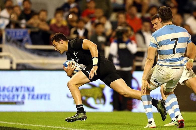 All Blacks' David Havili running through the Pumas' backline to score a try during their 36-10 Rugby Championship win in Buenos Aires last Saturday. New Zealand opted to rest several key players for the arduous trip, with bigger Tests against Europea