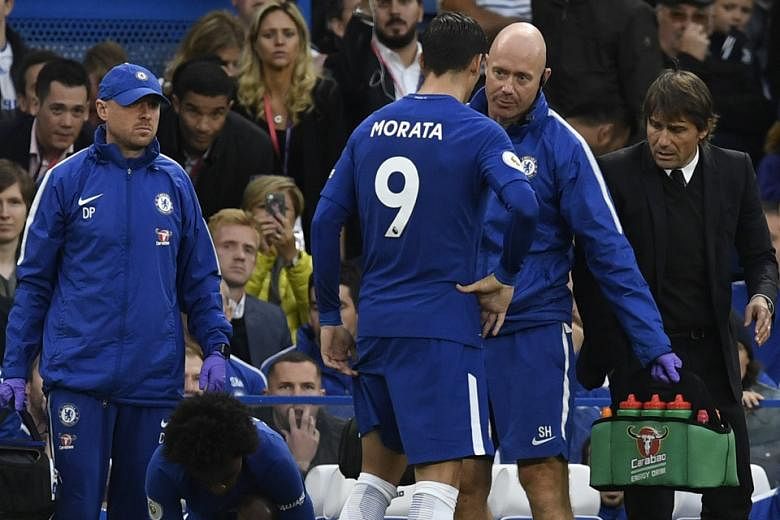 Chelsea striker Alvaro Morata coming off injured during last Saturday's defeat by Manchester City. They face a fixture congestion after their Oct 14 tie against Crystal Palace, with six games in the following 22 days and their main striker looks set 