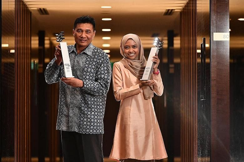 Berita Harian's Achiever of the Year Abu Bakar Mohd Nor was recognised for his zeal for lifelong learning and contributions to society, while Young Achiever of the Year Nur Yusrina Ya'akob was lauded for being the first Malay/Muslim woman from Singap
