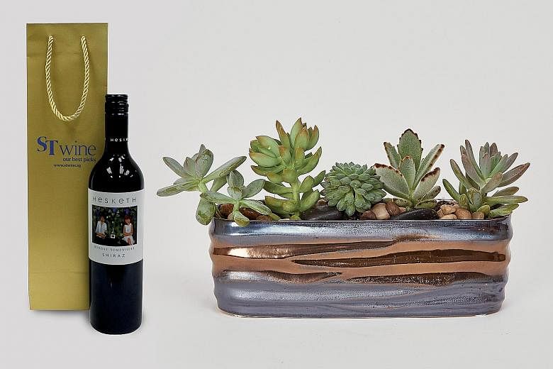 The new series of wine and floral gift sets which are now available on the ST Wine website includes the Harmony of Five, an arrangement of five succulents with one bottle of wine.