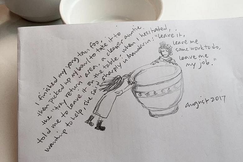 A doodle by the writer, who understood a cleaner auntie's urge to hold on to her rice bowl. The writer was picking up a bowl to take it to the tray-return area when auntie told her not to do so. She probably thought her job was under threat from proc
