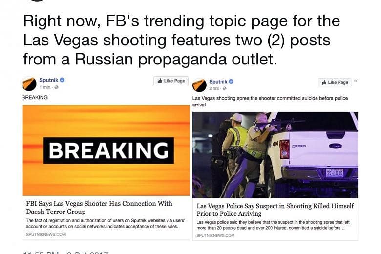 In the wake of last weekend's mass shooting in Las Vegas, Facebook's Trending Stories page brought up stories from Sputnik, a site that reportedly has links to Russia. One trending story, which eventually proved to be false, was that the FBI claimed 