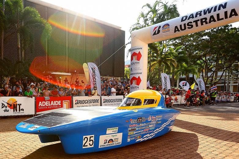 NITech Solar Racing vehicle Horizon 17 from Japan leaving the starting line in Darwin yesterday. The 3,000km World Solar Challenge across Australia is one of the world's foremost innovation challenges, with teams looking to show designs that could le